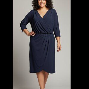 Adrianna Papell Navy Dress 3/4 Sleeves Wrap Look Fully Lined Sz 14